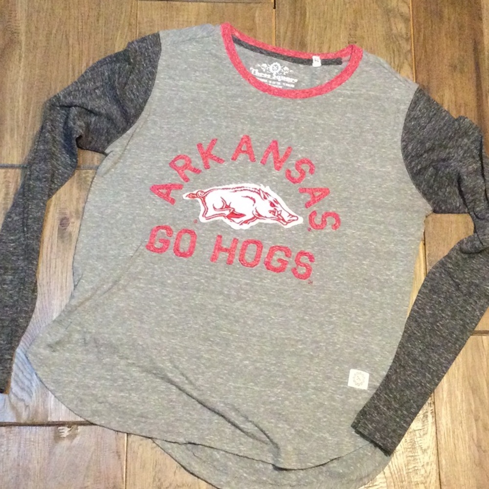 Arkansas Go Hogs baseball style shirt.
